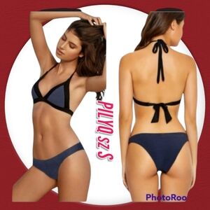 PILYQ Black/Blue Bikini 2 Piece Smocked Swimsuit Set sz S